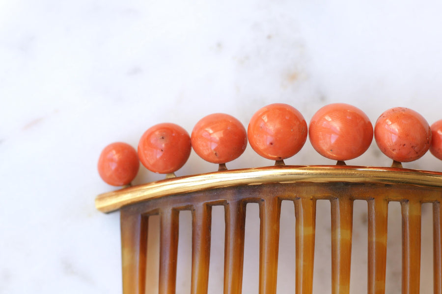 Peigne à Cheveux Ancien Corail et Corne, Diadème de Mariage