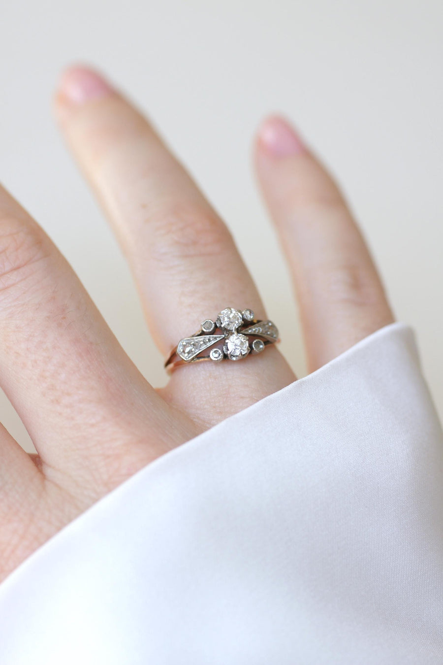 Bague Toi et Moi Diamants Belle époque Or Rose Platine