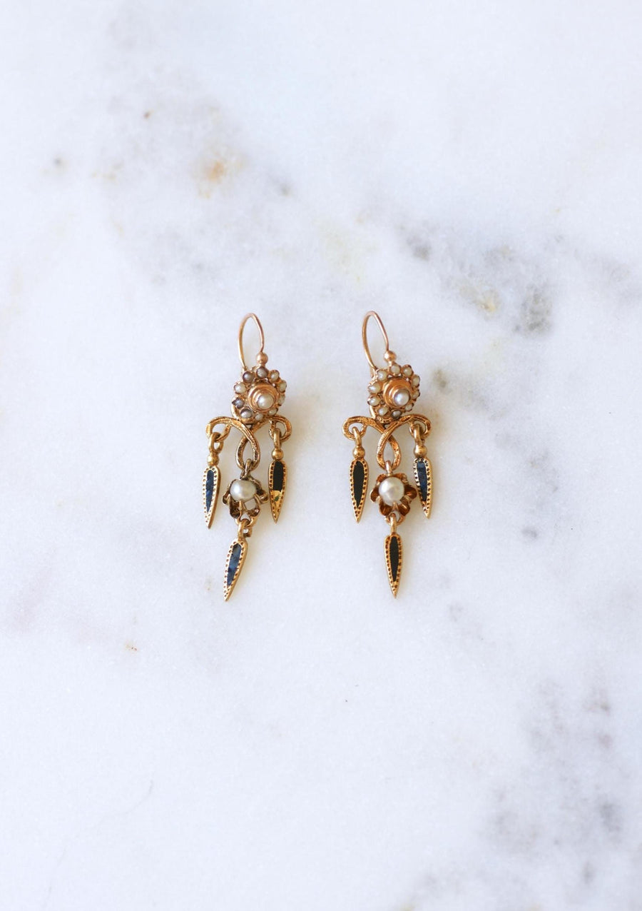 Boucles d'Oreilles Anciennes Pendantes Email et Perles sur Or Jaune