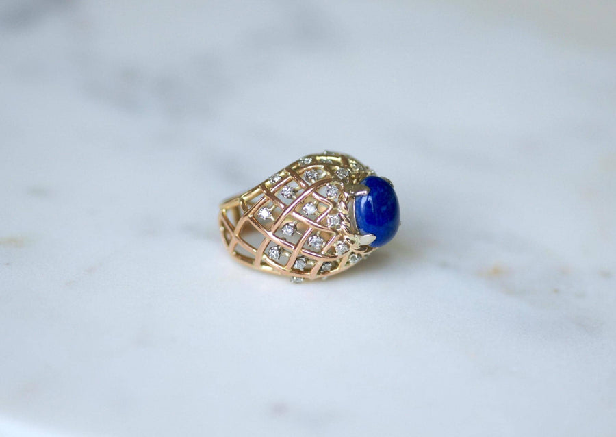 Bague Cocktail Boule Lapis Lazuli et Diamants sur Or Jaune