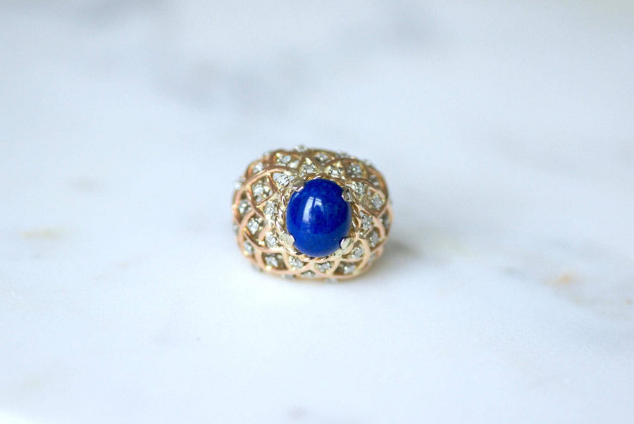 Bague Cocktail Boule Lapis Lazuli et Diamants sur Or Jaune