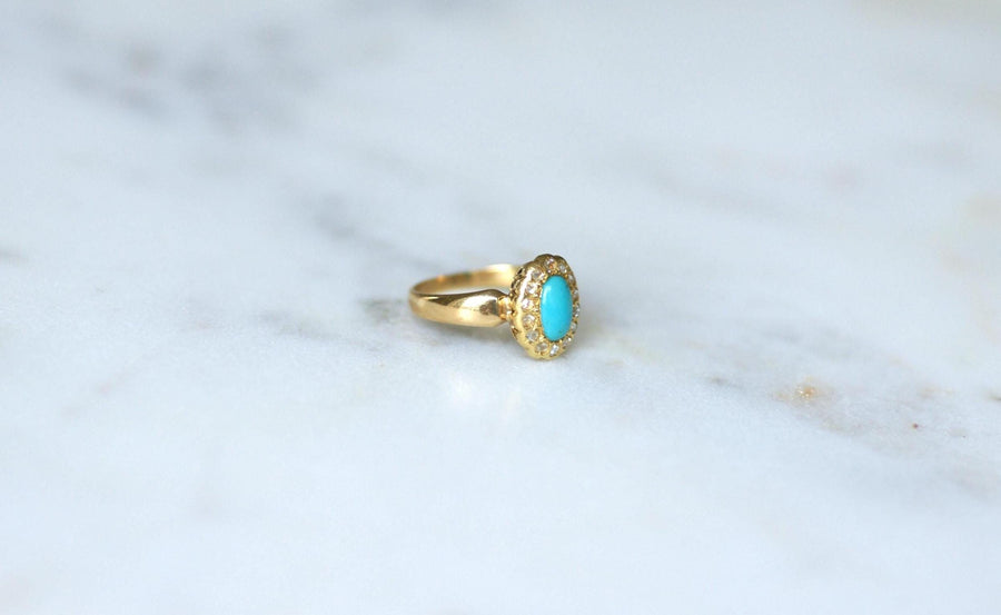 Bague Marguerite Ancienne Turquoise Entourage Diamants sur Or Jaune