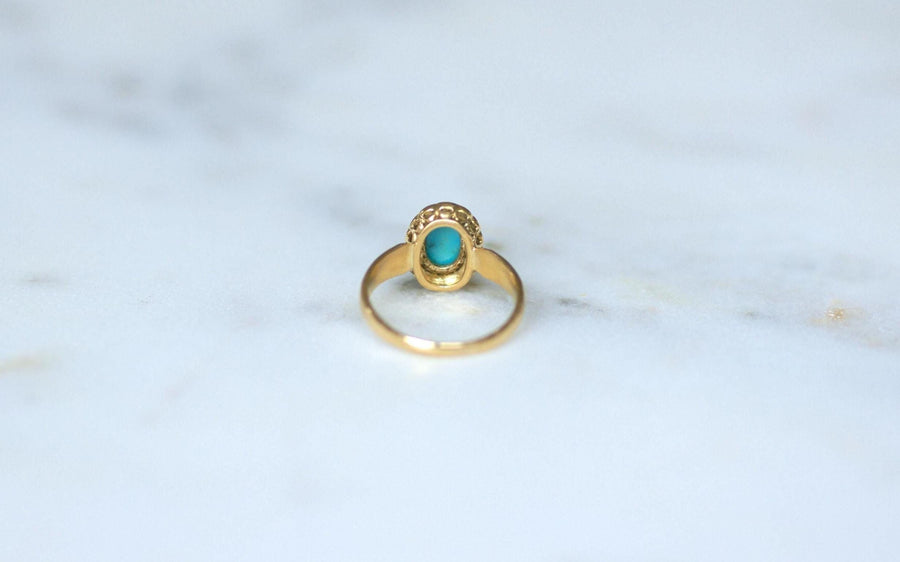 Bague Marguerite Ancienne Turquoise Entourage Diamants sur Or Jaune