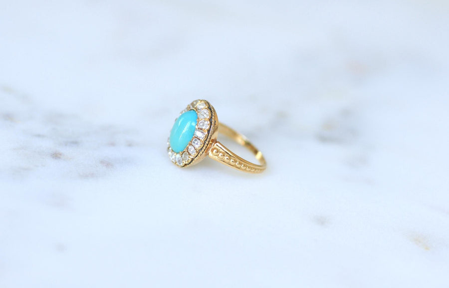 Bague Marguerite Ancienne Turquoise Entourage Diamants sur Or Jaune