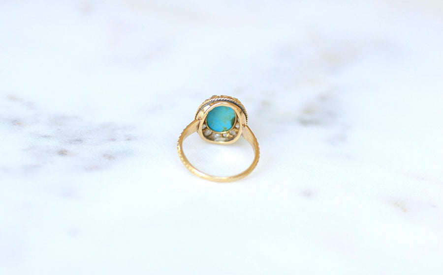 Bague Marguerite Ancienne Turquoise Entourage Diamants sur Or Jaune