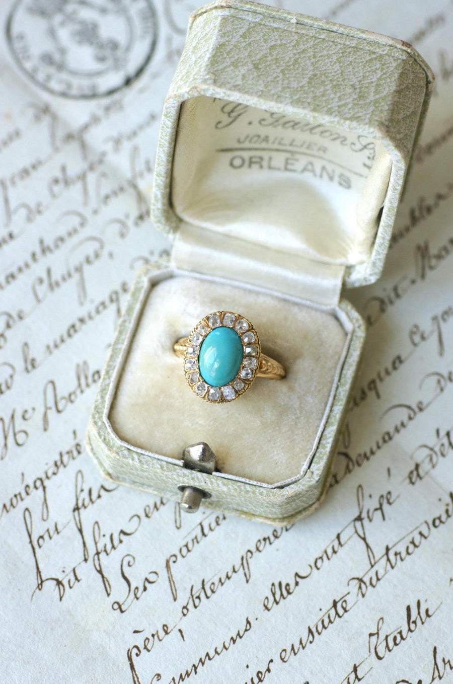 Bague Marguerite Ancienne Turquoise Entourage Diamants sur Or Jaune