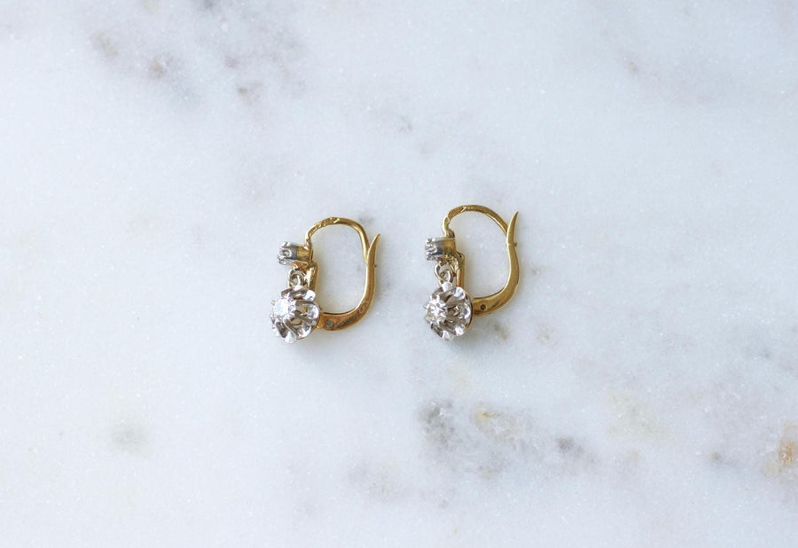 Boucles d'Oreilles Dormeuses Diamants Anciennes Or Jaune et Platine