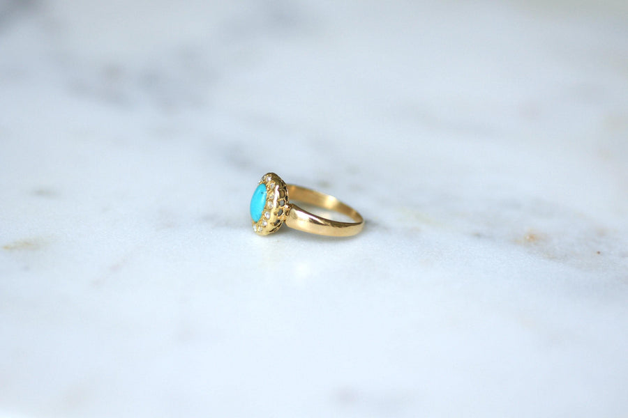 Bague Marguerite Ancienne Turquoise Entourage Diamants sur Or Jaune