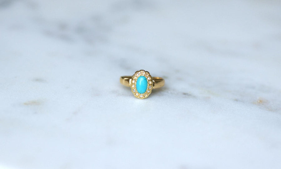 Bague Marguerite Ancienne Turquoise Entourage Diamants sur Or Jaune