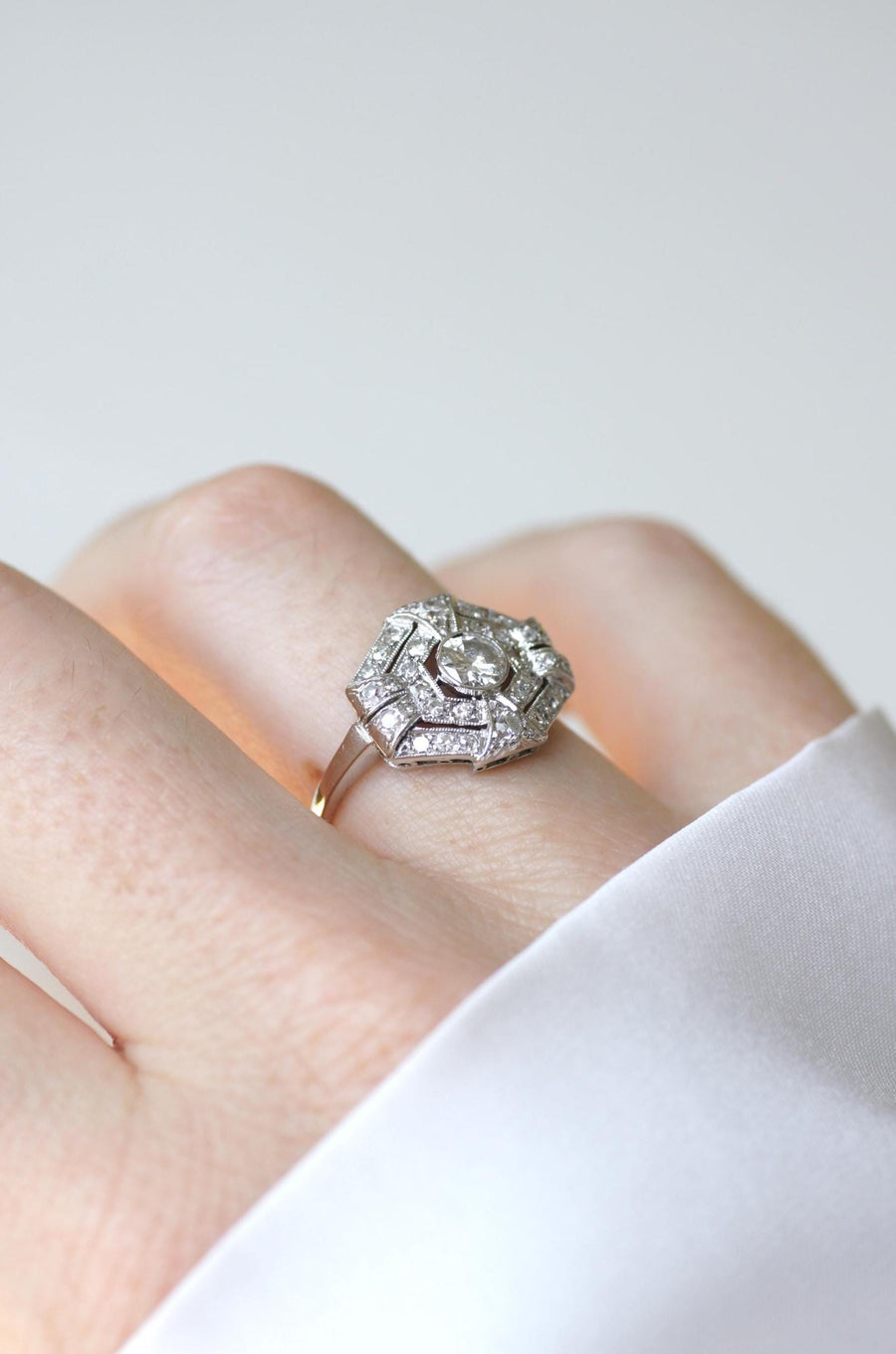 Bague Art Deco Octogonale Diamants sur Platine