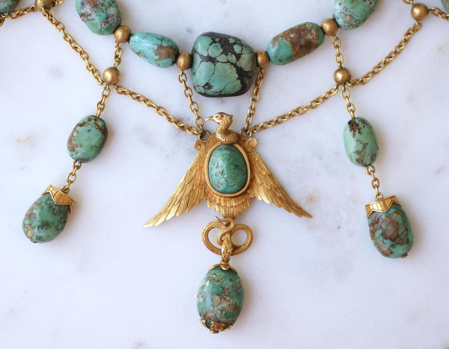 Collier Ancien Neo Egyptien Or Jaune et Turquoises