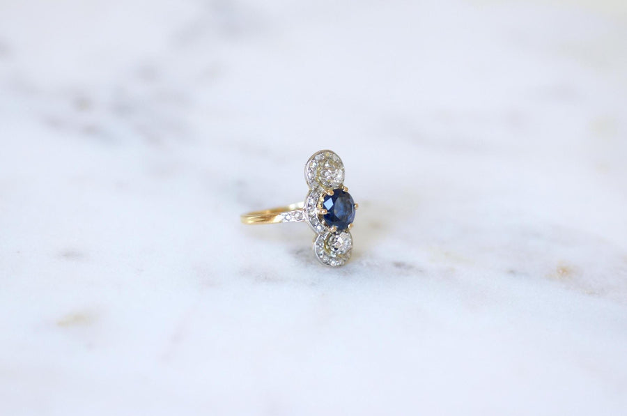 Bague Belle Epoque Saphir 1,18 Cts et Diamants sur Or et Platine