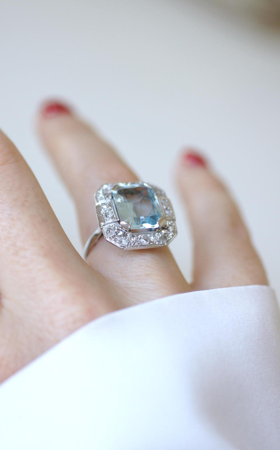 Bague Art Déco Octogonale Aigue-Marine 4,90 Cts et Diamants sur Or et Platine