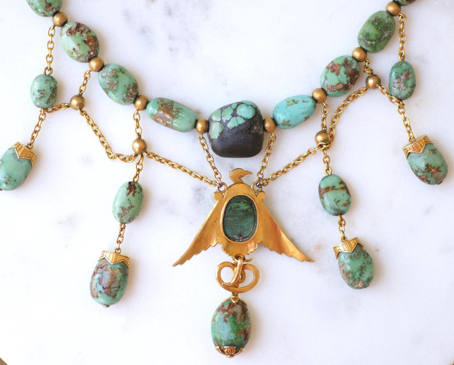 Collier Ancien Neo Egyptien Or Jaune et Turquoises