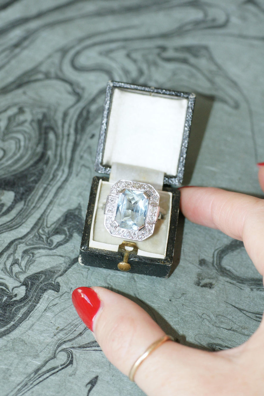 Bague Art Déco Octogonale Aigue-Marine 4,90 Cts et Diamants sur Or et Platine