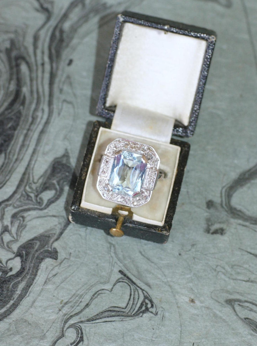 Bague Art Déco Octogonale Aigue-Marine 4,90 Cts et Diamants sur Or et Platine