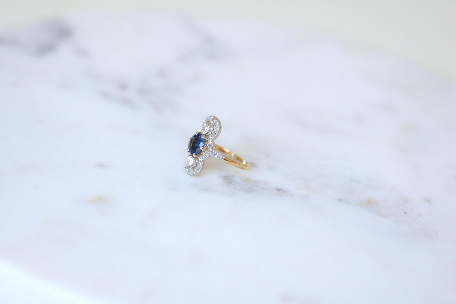 Bague Belle Epoque Saphir 1,18 Cts et Diamants sur Or et Platine