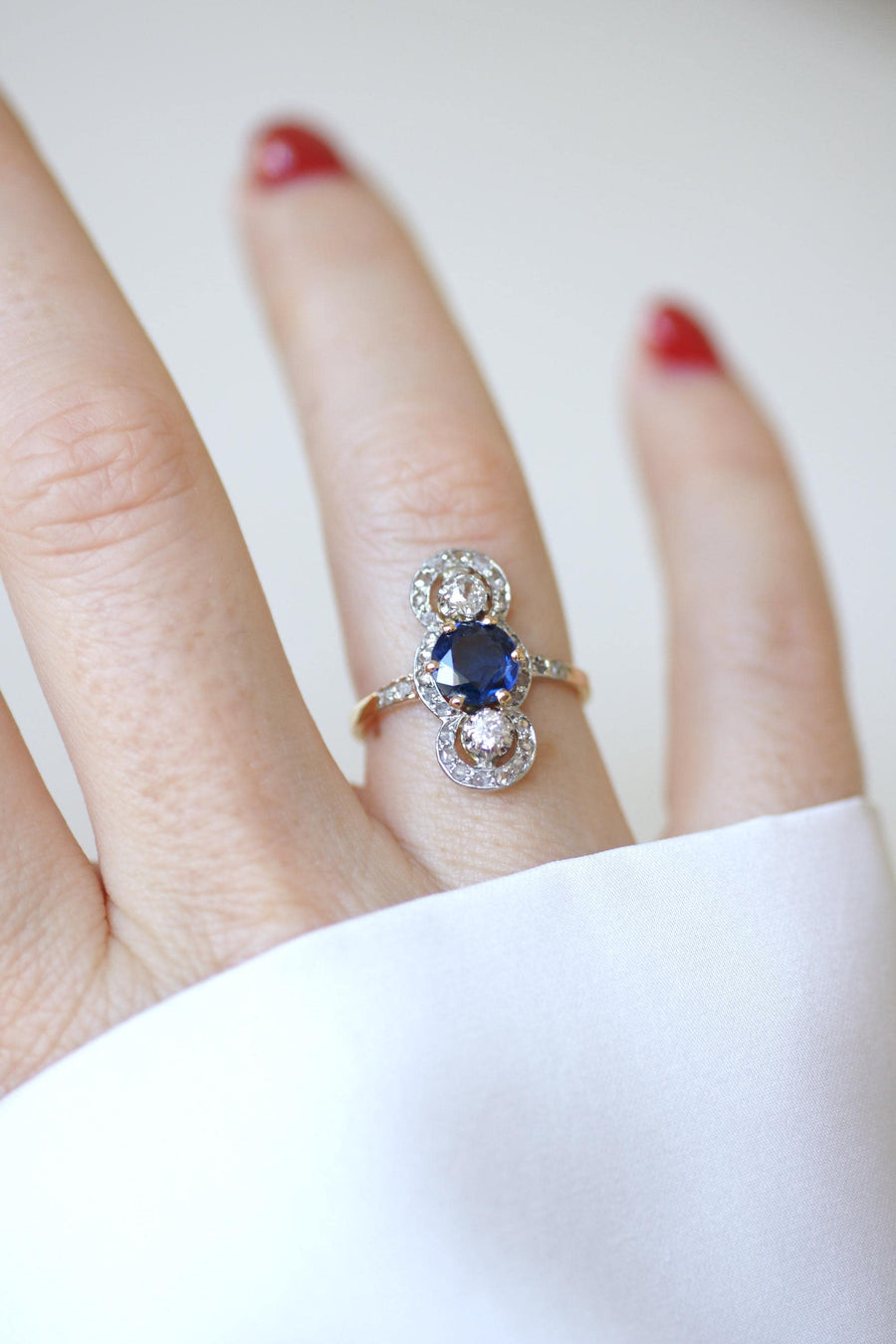 Bague Belle Epoque Saphir 1,18 Cts et Diamants sur Or et Platine