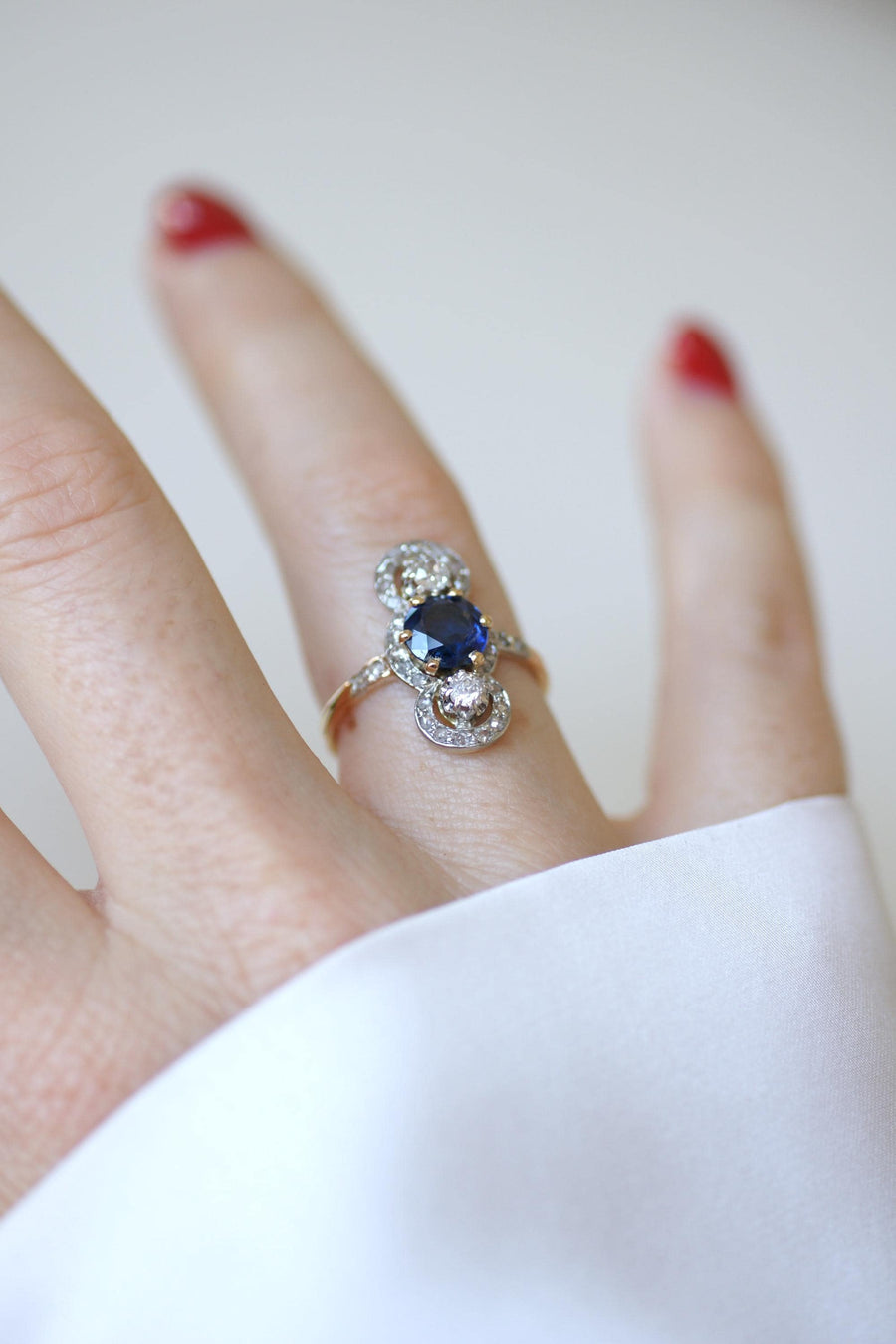 Bague Belle Epoque Saphir 1,18 Cts et Diamants sur Or et Platine