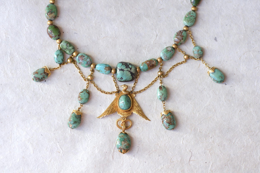 Collier Ancien Neo Egyptien Or Jaune et Turquoises
