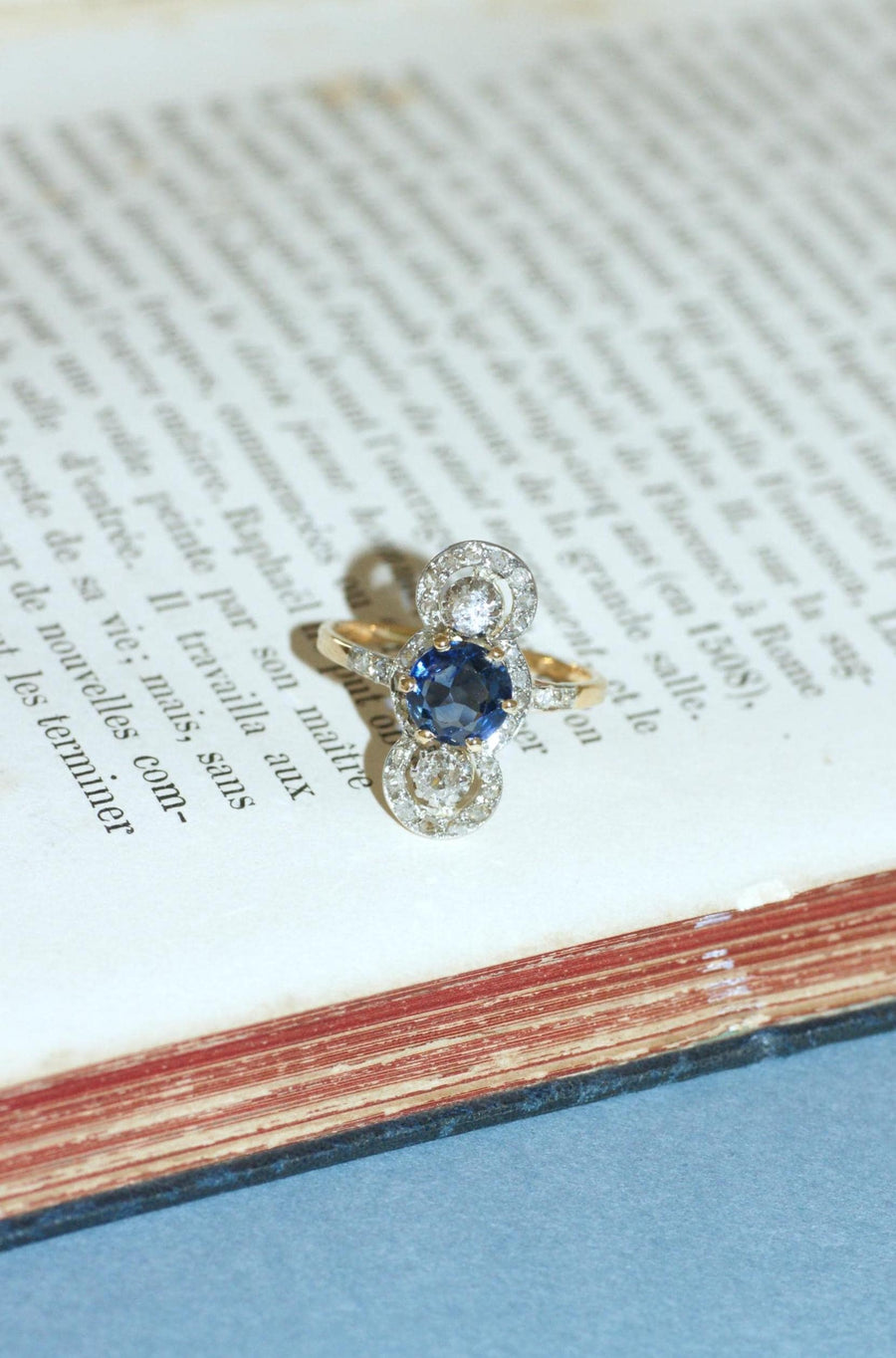 Bague Belle Epoque Saphir 1,18 Cts et Diamants sur Or et Platine