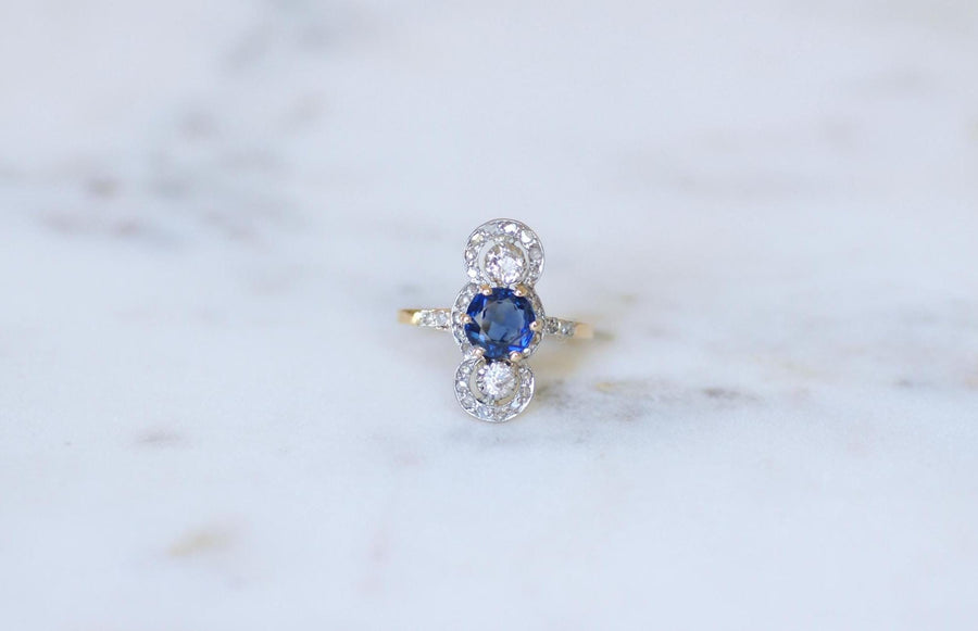 Bague Belle Epoque Saphir 1,18 Cts et Diamants sur Or et Platine