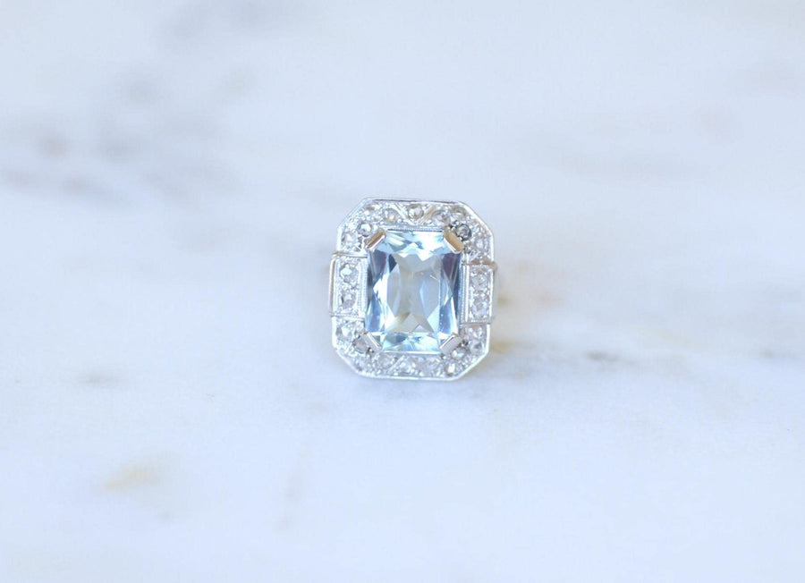 Bague Art Déco Octogonale Aigue-Marine 4,90 Cts et Diamants sur Or et Platine