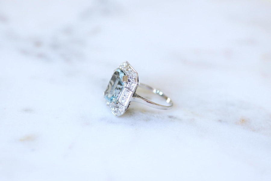 Bague Art Déco Octogonale Aigue-Marine 4,90 Cts et Diamants sur Or et Platine