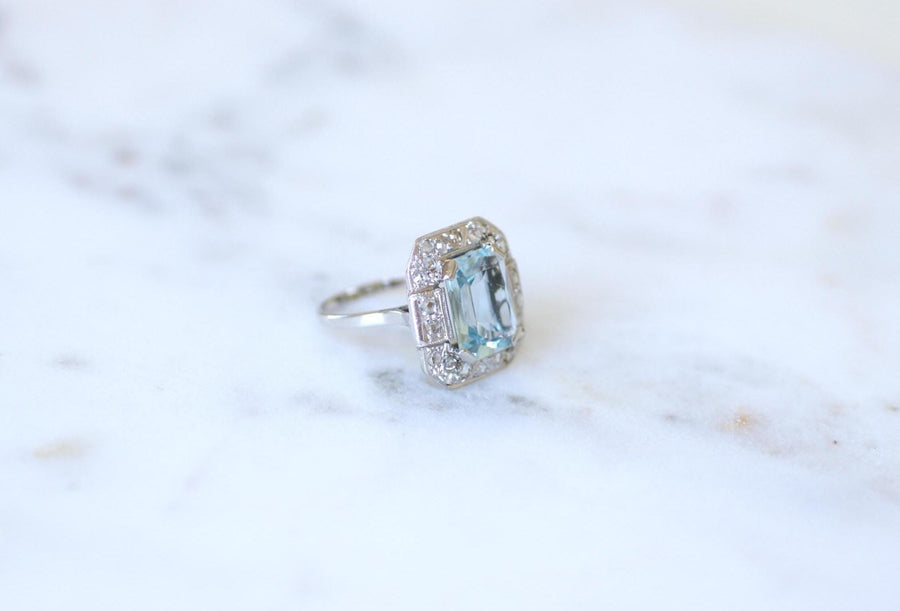 Bague Art Déco Octogonale Aigue-Marine 4,90 Cts et Diamants sur Or et Platine