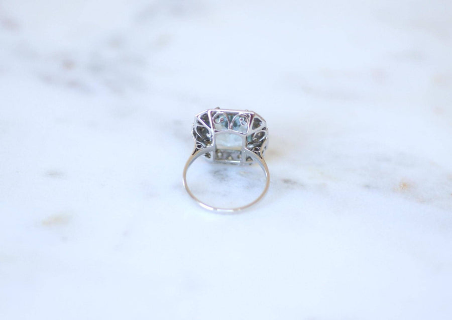 Bague Art Déco Octogonale Aigue-Marine 4,90 Cts et Diamants sur Or et Platine