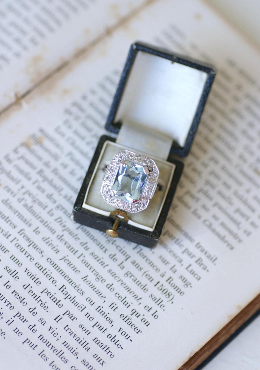 Bague Art Déco Octogonale Aigue-Marine 4,90 Cts et Diamants sur Or et Platine