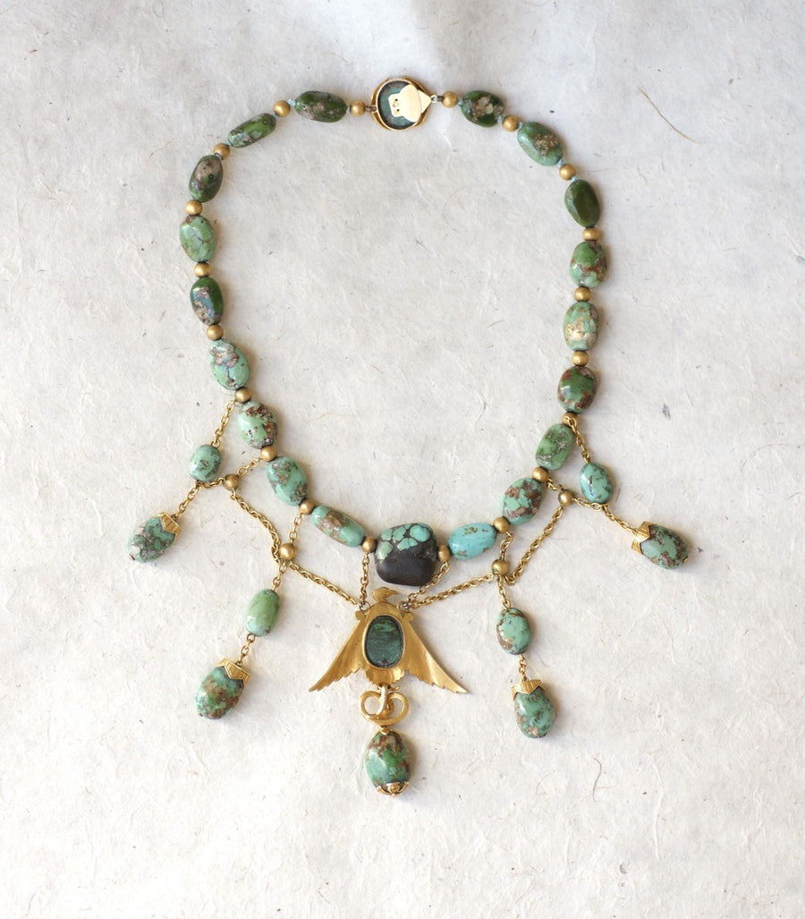 Collier Ancien Neo Egyptien Or Jaune et Turquoises