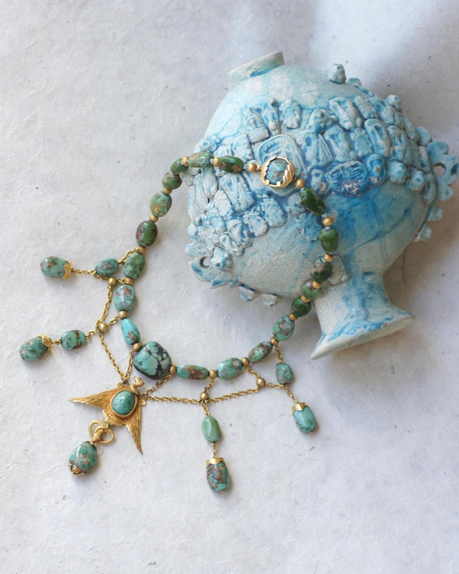 Collier Ancien Neo Egyptien Or Jaune et Turquoises