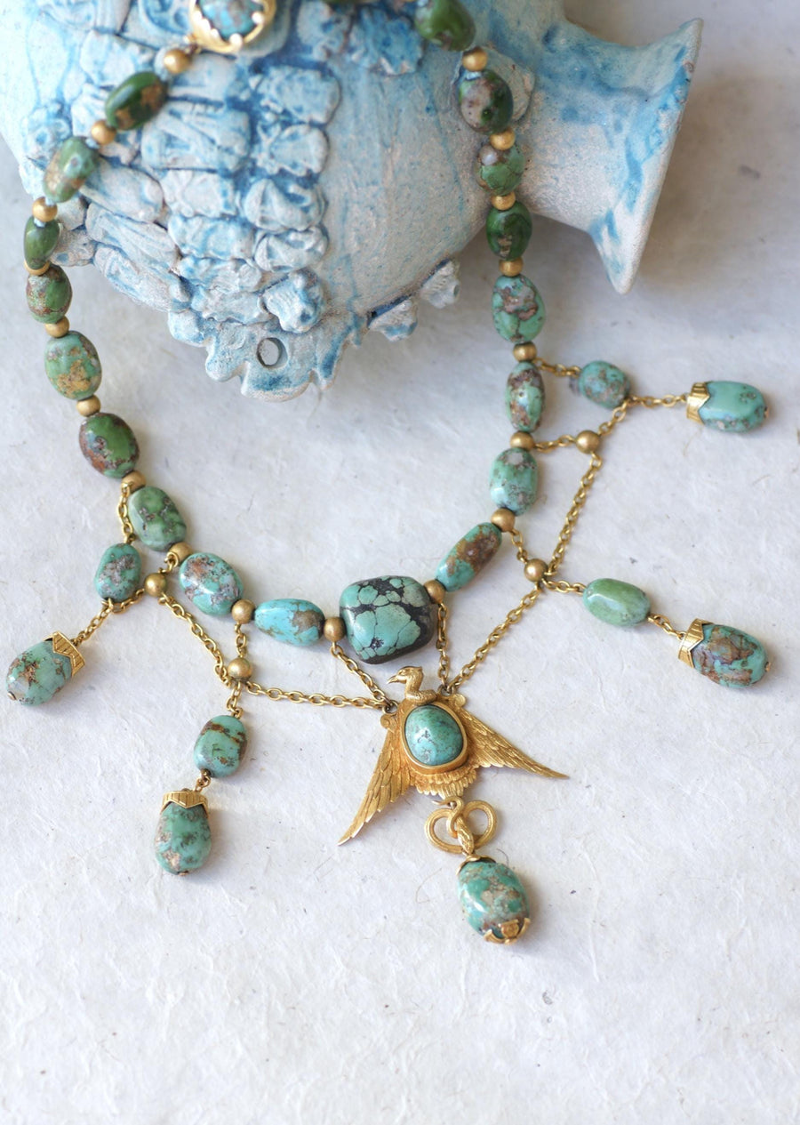 Collier Ancien Neo Egyptien Or Jaune et Turquoises