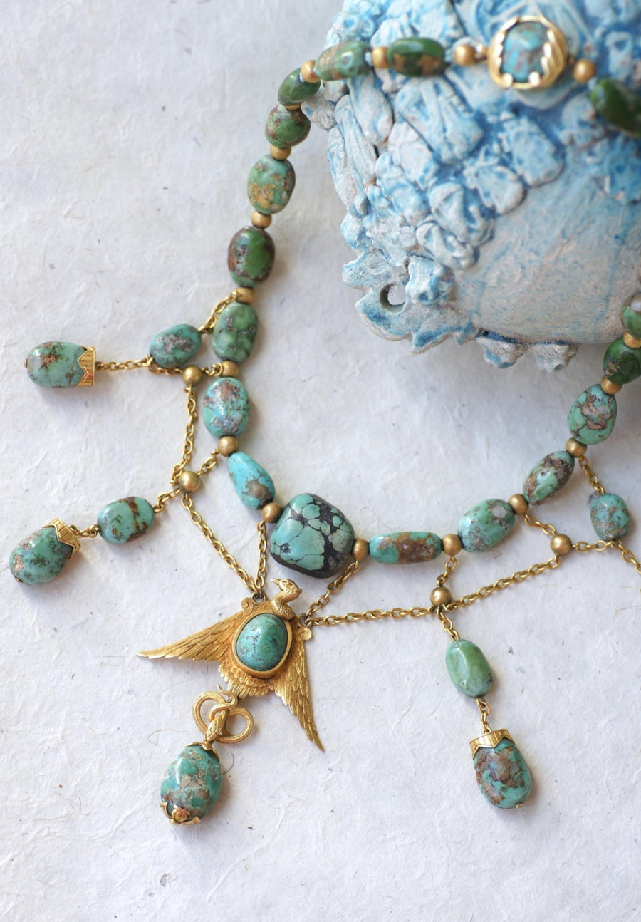 Collier Ancien Neo Egyptien Or Jaune et Turquoises