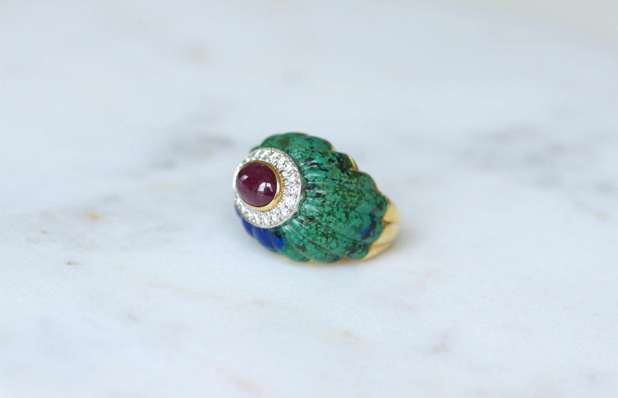 David Webb Bague Cocktail Boule Azurmalachite, Rubis, et Diamants sur Or Jaune et Platine