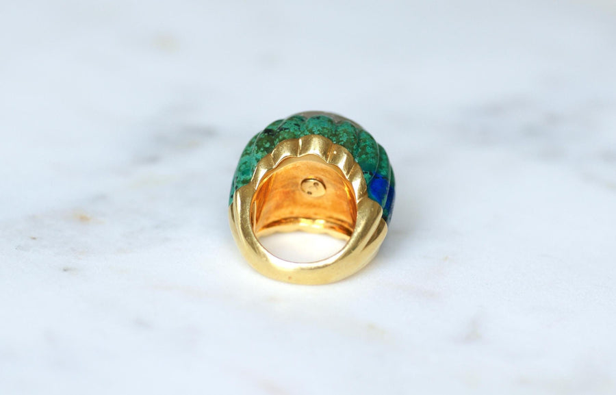 David Webb Bague Cocktail Boule Azurmalachite, Rubis, et Diamants sur Or Jaune et Platine