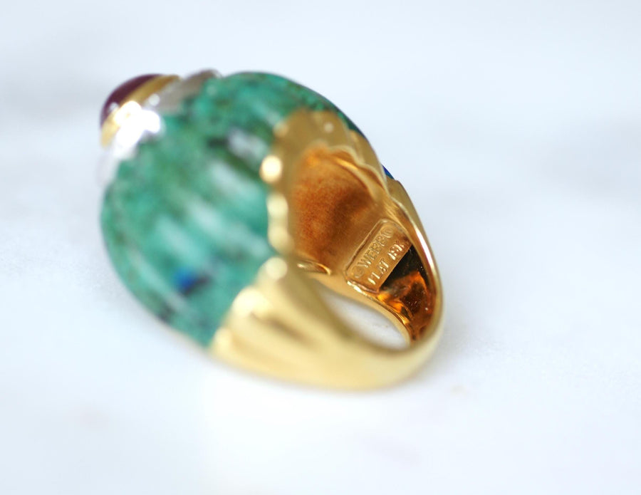 David Webb Bague Cocktail Boule Azurmalachite, Rubis, et Diamants sur Or Jaune et Platine