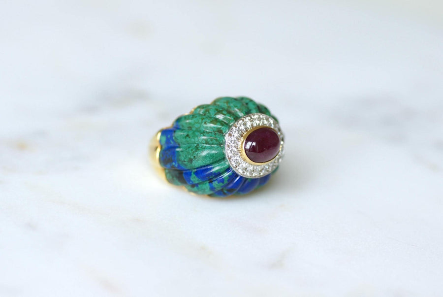 David Webb Bague Cocktail Boule Azurmalachite, Rubis, et Diamants sur Or Jaune et Platine