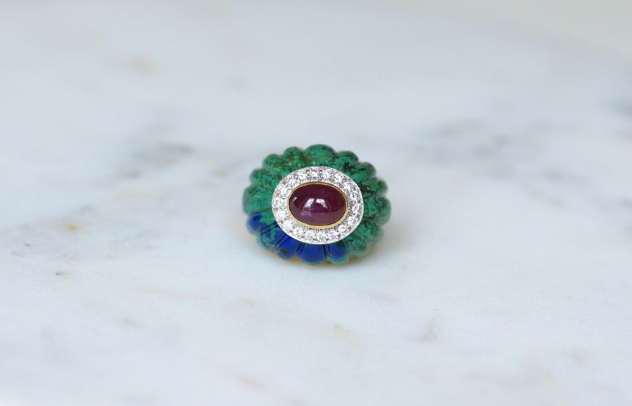 David Webb Bague Cocktail Boule Azurmalachite, Rubis, et Diamants sur Or Jaune et Platine