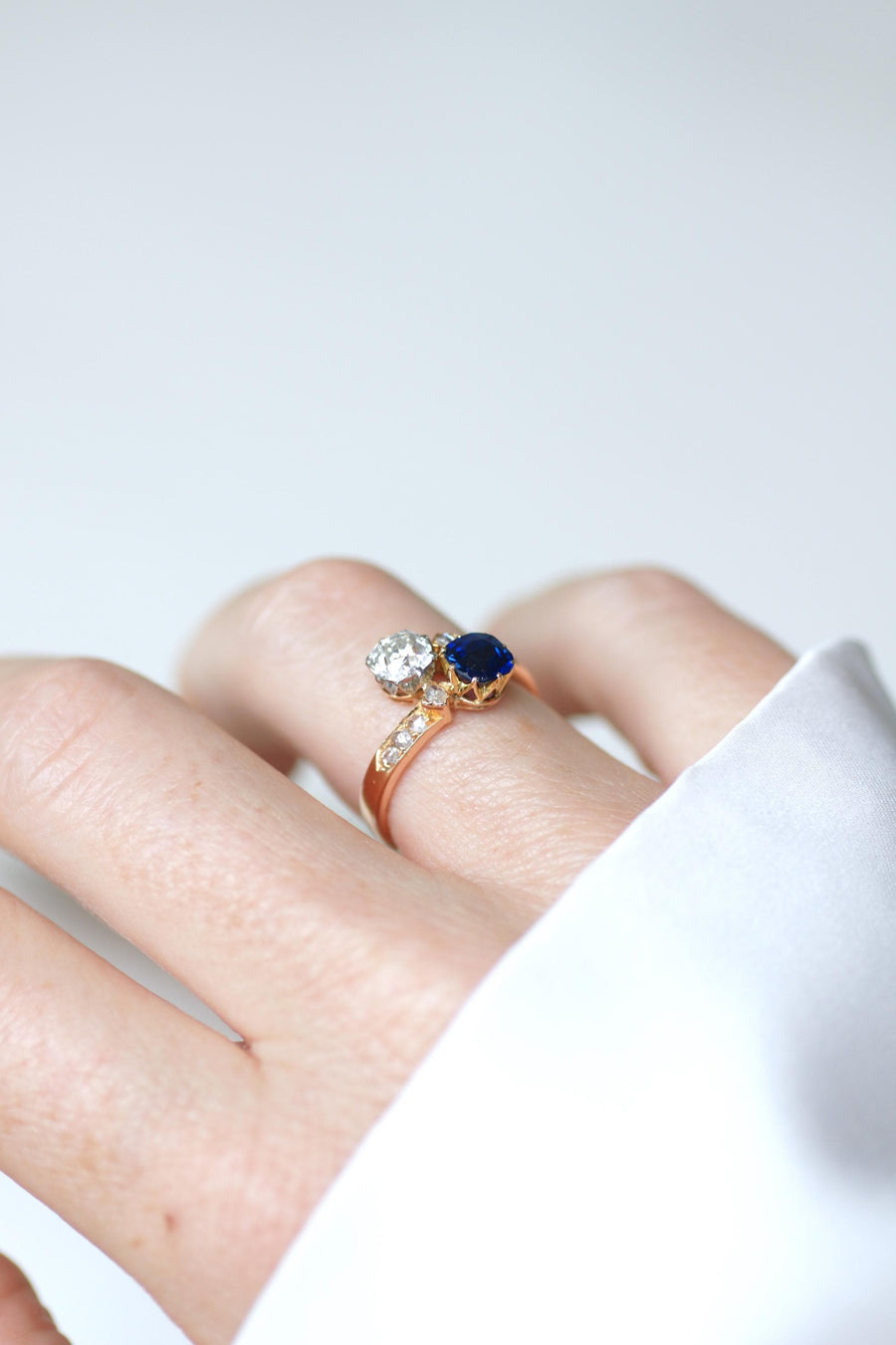 Bague Toi et Moi Saphir et Diamant sur Or Rose et Platine