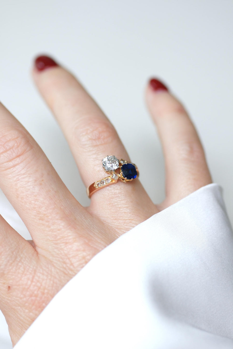 Bague Toi et Moi Saphir et Diamant sur Or Rose et Platine