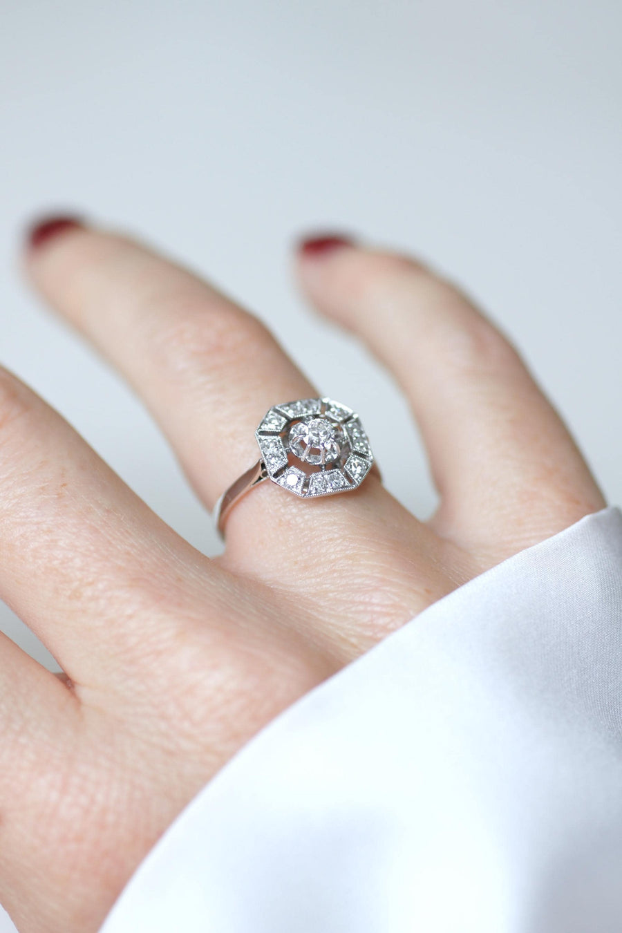 Bague Art Déco Octogonale Diamants 0,60 Ct sur Or Blanc et Platine