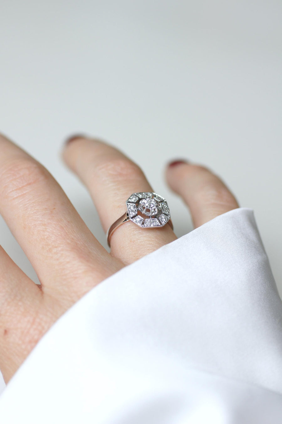 Bague Art Déco Octogonale Diamants 0,60 Ct sur Or Blanc et Platine