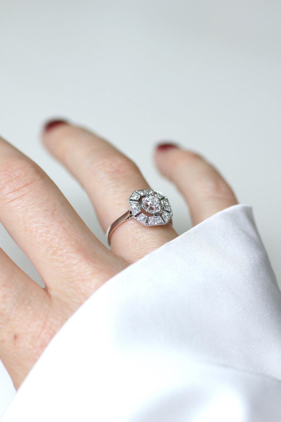 Bague Art Déco Octogonale Diamants 0,60 Ct sur Or Blanc et Platine