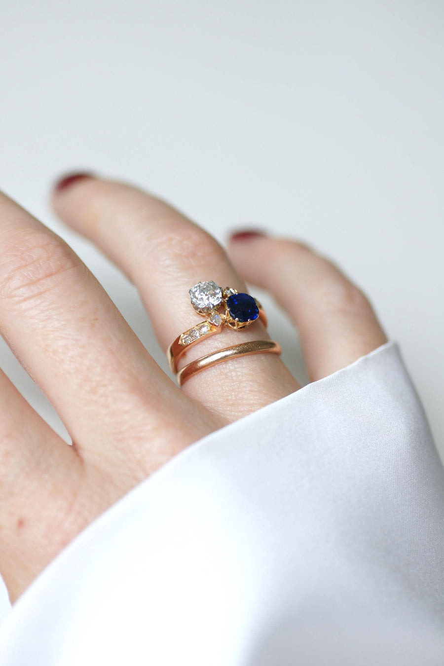 Bague Toi et Moi Saphir et Diamant sur Or Rose et Platine