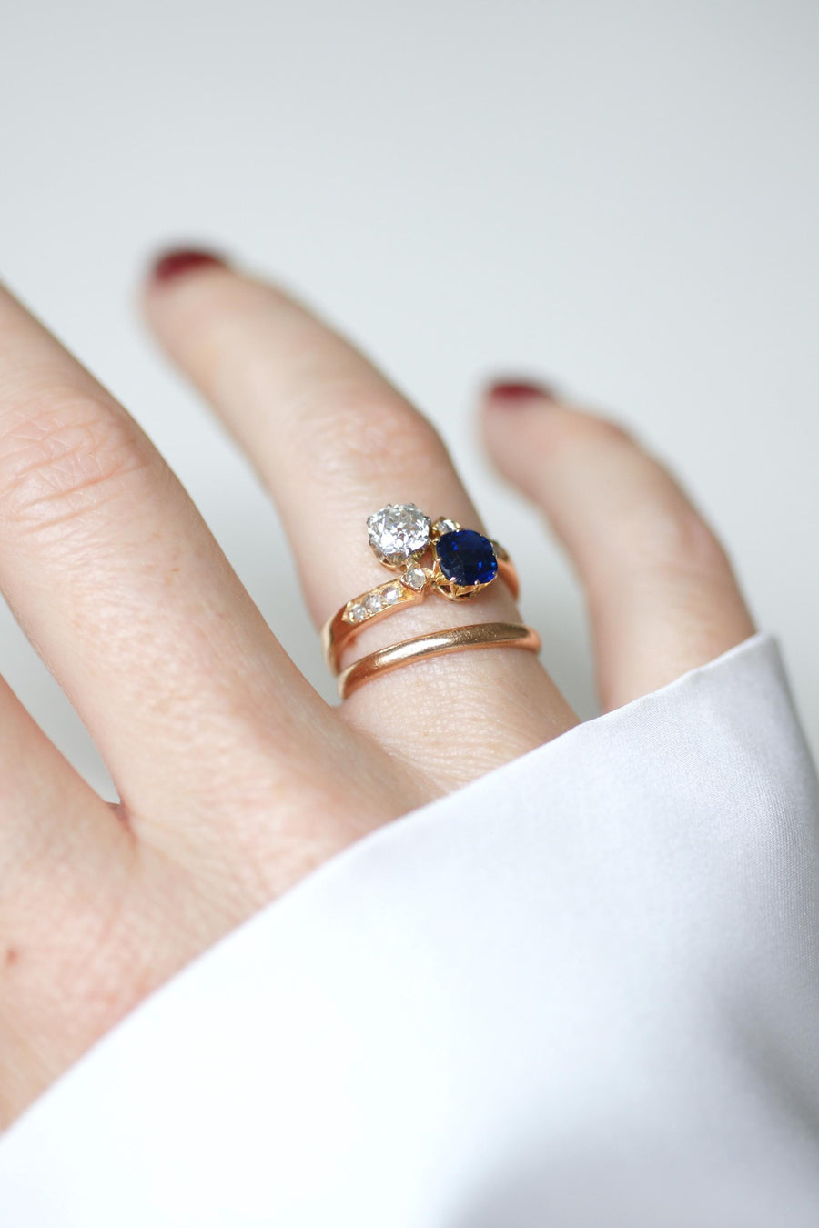 Bague Toi et Moi Saphir et Diamant sur Or Rose et Platine