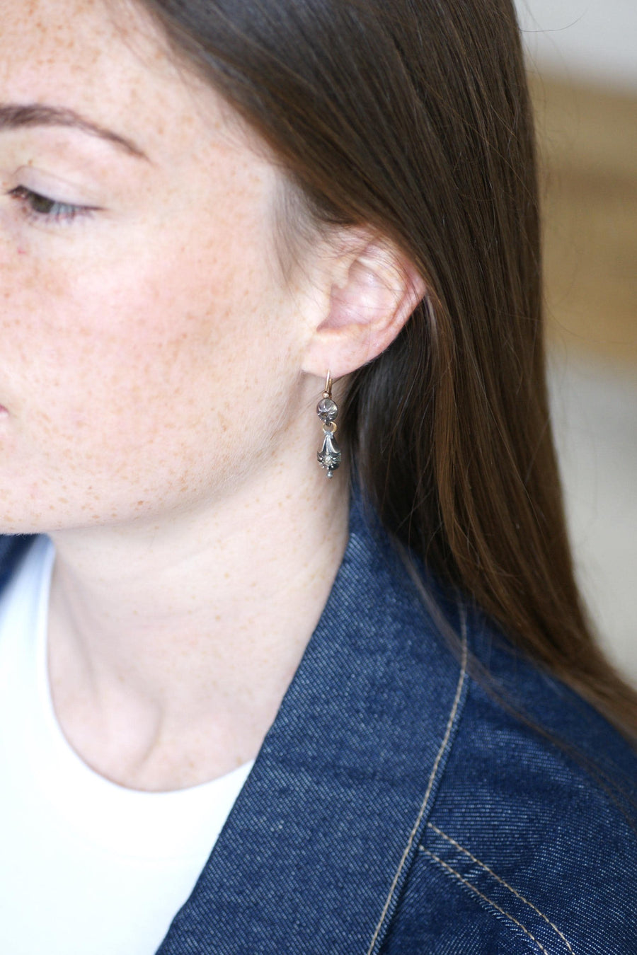 Boucles d'Oreilles Dormeuses Diamants Anciennes Or et Argent