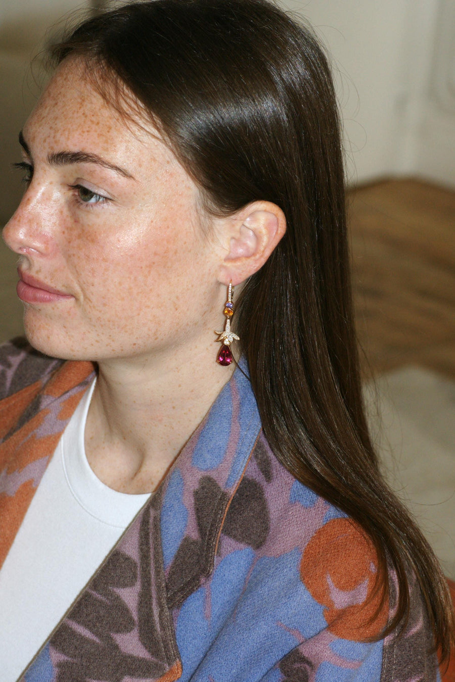 Lorenz Bäumer Longues Boucles d'Oreilles Rubellite, Saphir, Héliodore et Diamant sur Or Jaune