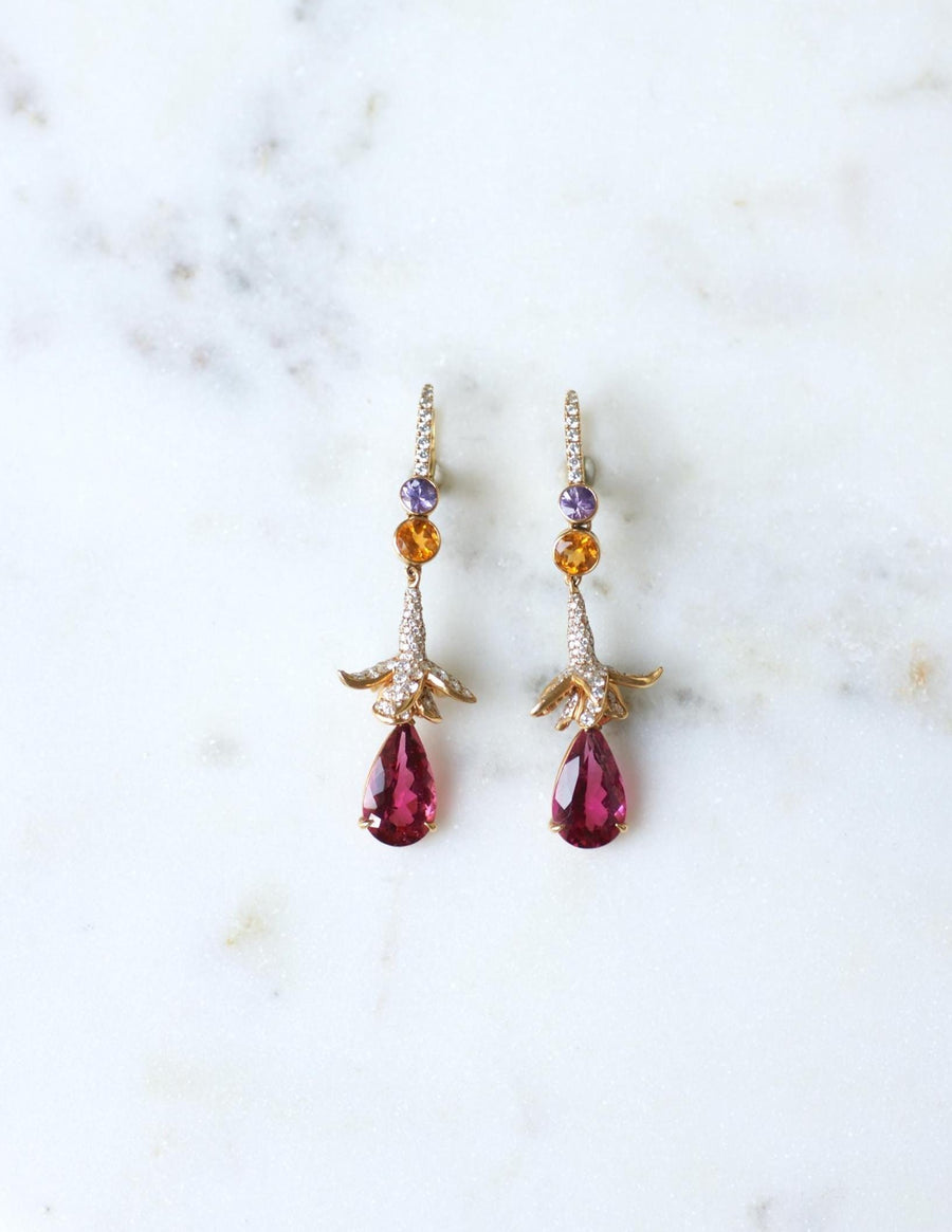 Lorenz Bäumer Longues Boucles d'Oreilles Rubellite, Saphir, Héliodore et Diamant sur Or Jaune